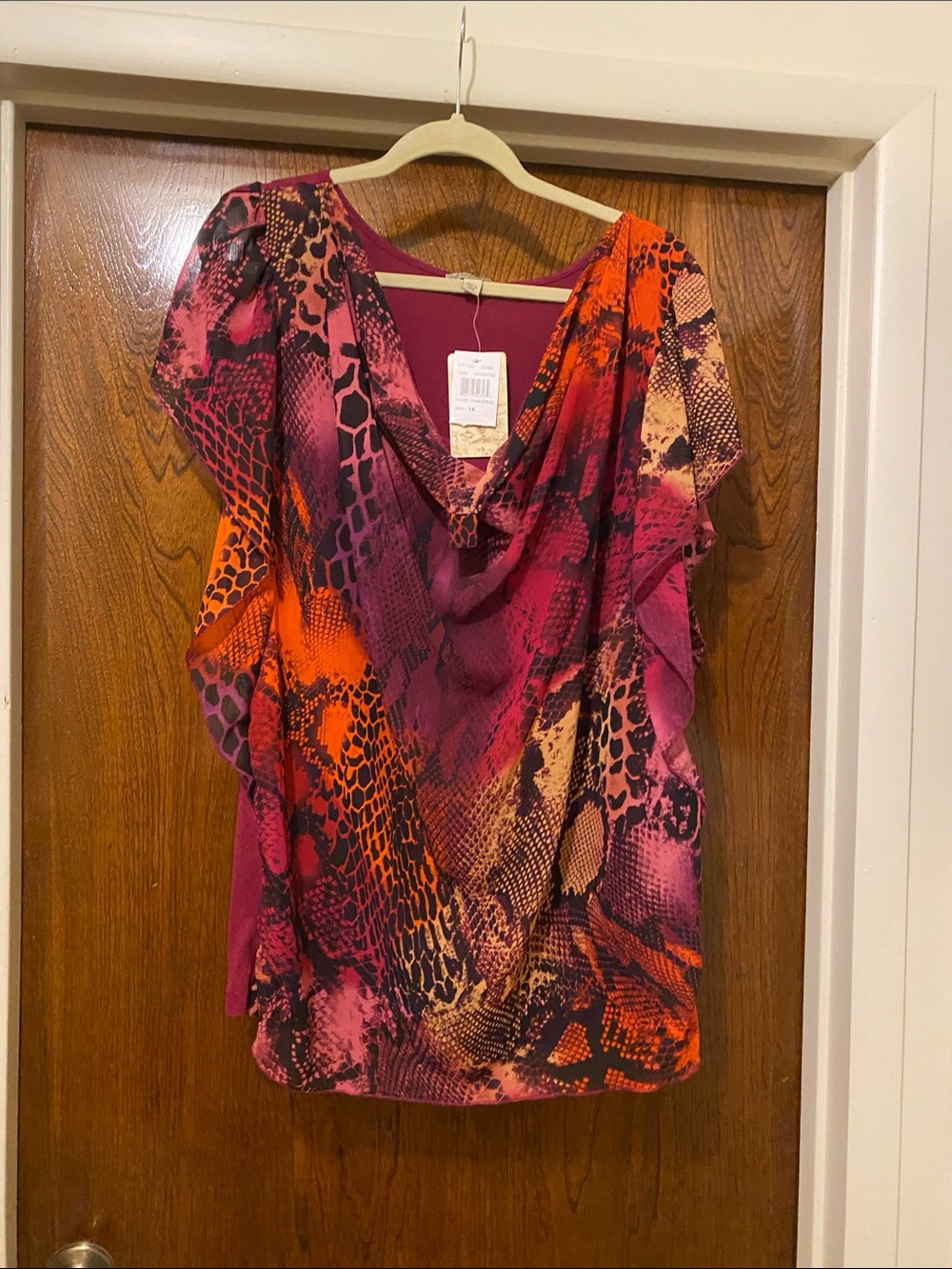 Women's Draped Cowl Neck Blouse in Magenta & Orange Print